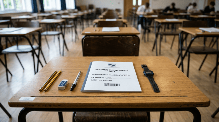 Exam desk with summer mathematics exam paper, pencils, eraser, pen, and wristwatch
